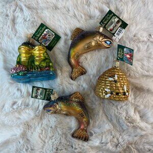 NIB 4x Old World Christmas Blown Glass Salmon Frogs Bees Holiday Ornaments